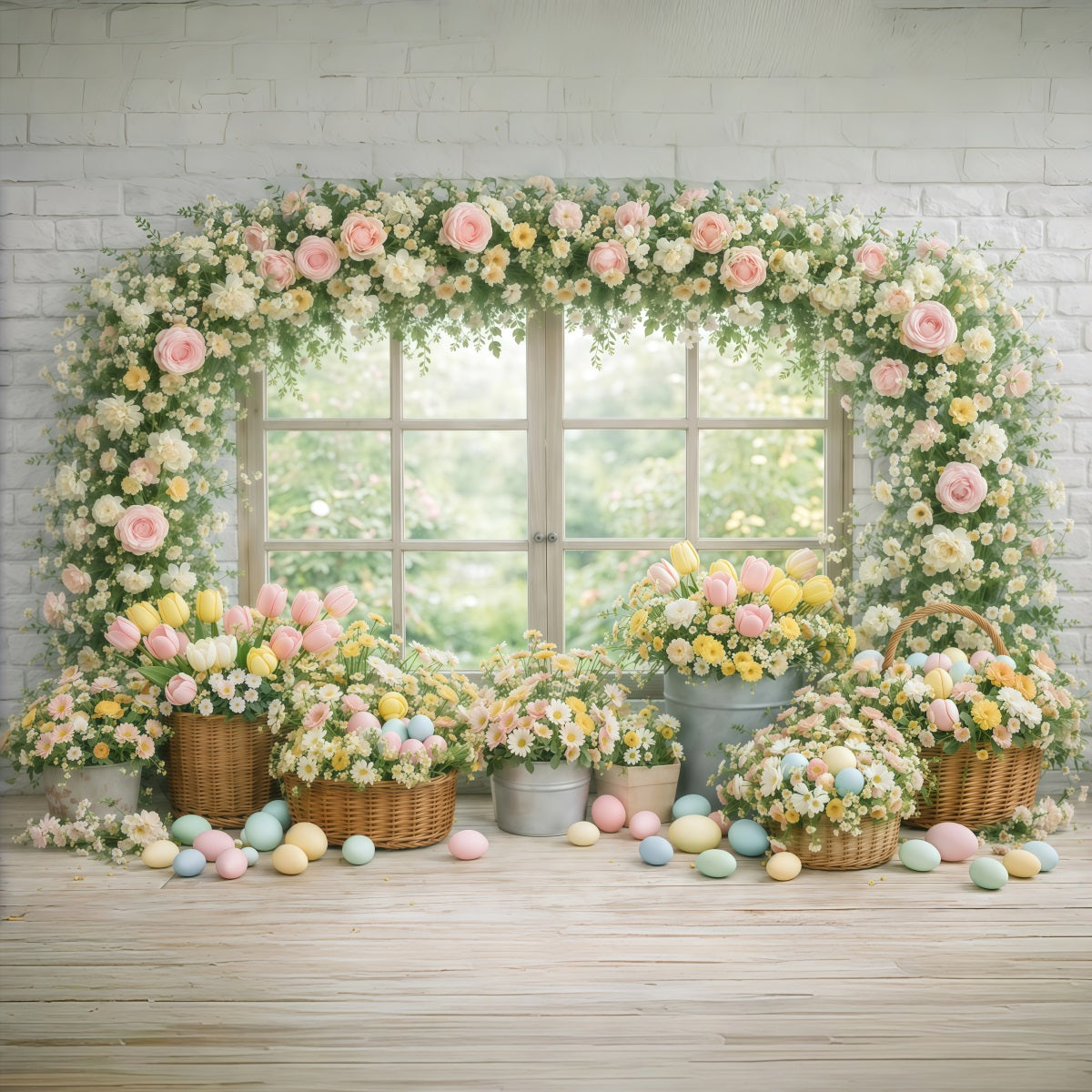 Easter Flower Backdrop Garden Window Floral Eggs Easter Backdrops Photography GQ61-19