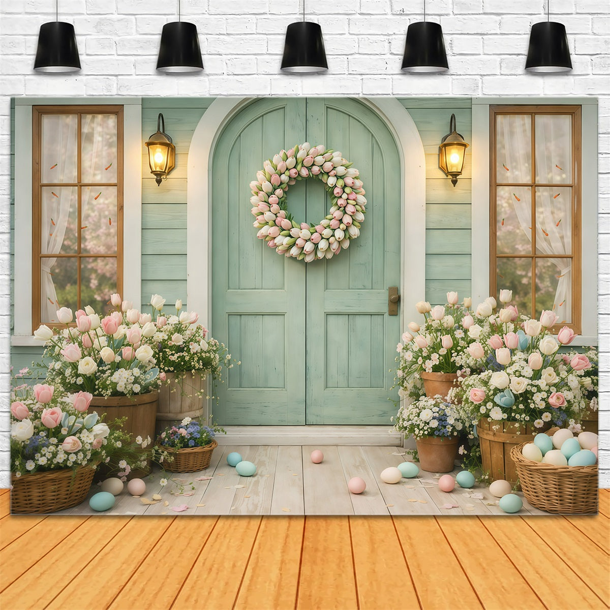 Tulip Backdrop Spring Flower Wreath Doorway Easter Photography Backdrops For Sale GQ61-21