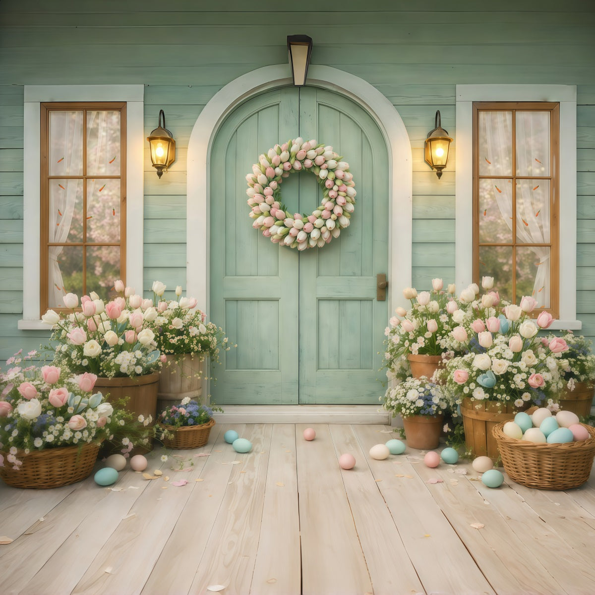 Tulip Backdrop Spring Flower Wreath Doorway Easter Photography Backdrops For Sale GQ61-21