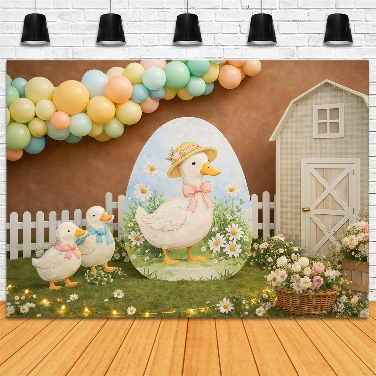 Easter Backdrop With Balloons Cute Duck Farm Daisies Backdrop For Easter GQ61-22