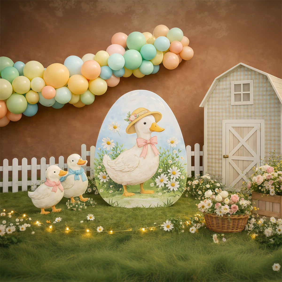 Easter Backdrop With Balloons Cute Duck Farm Daisies Backdrop For Easter GQ61-22
