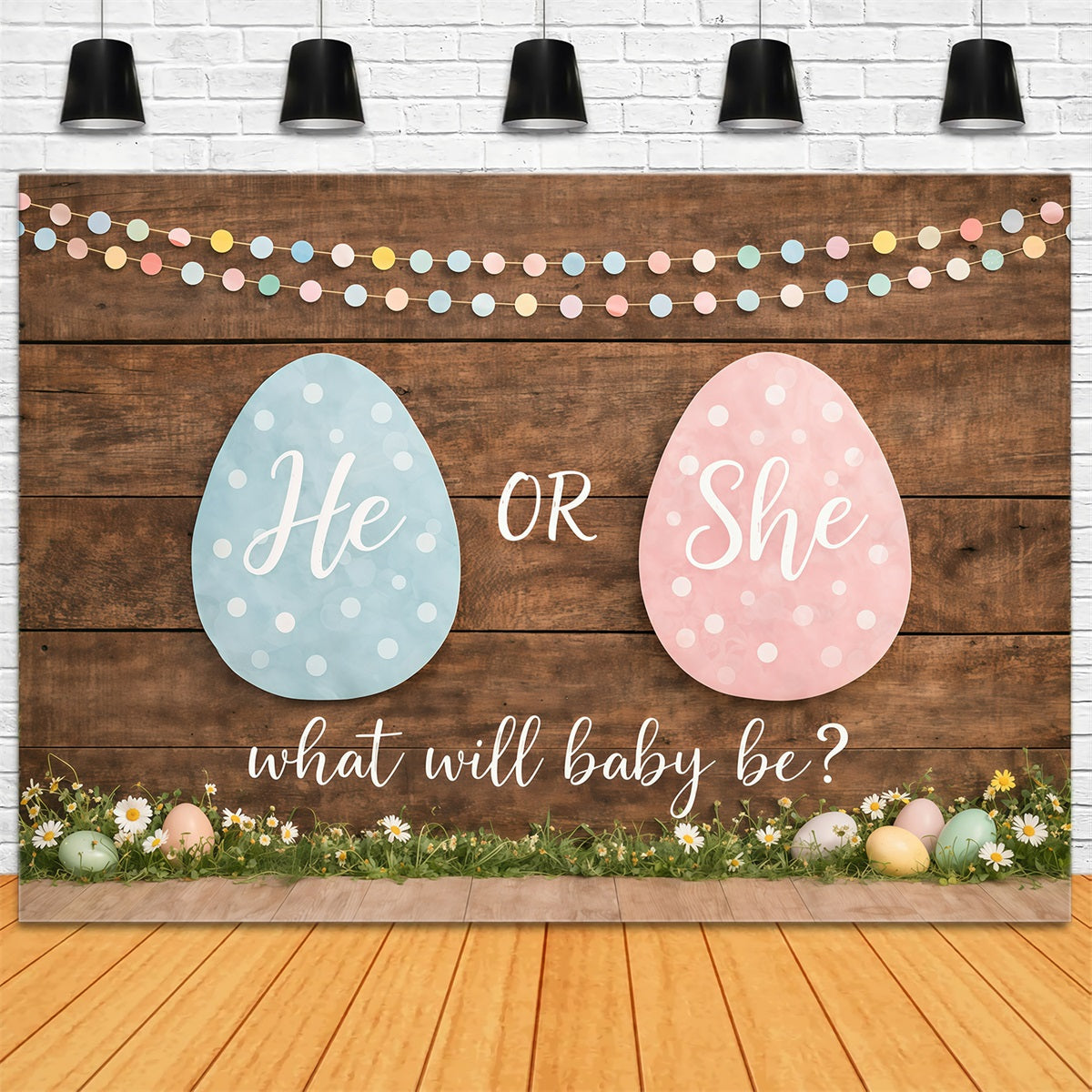 Easter Gender Reveal Backdrop Pastel Eggs Wood Daisies Easter Themed Backdrop GQ61-24