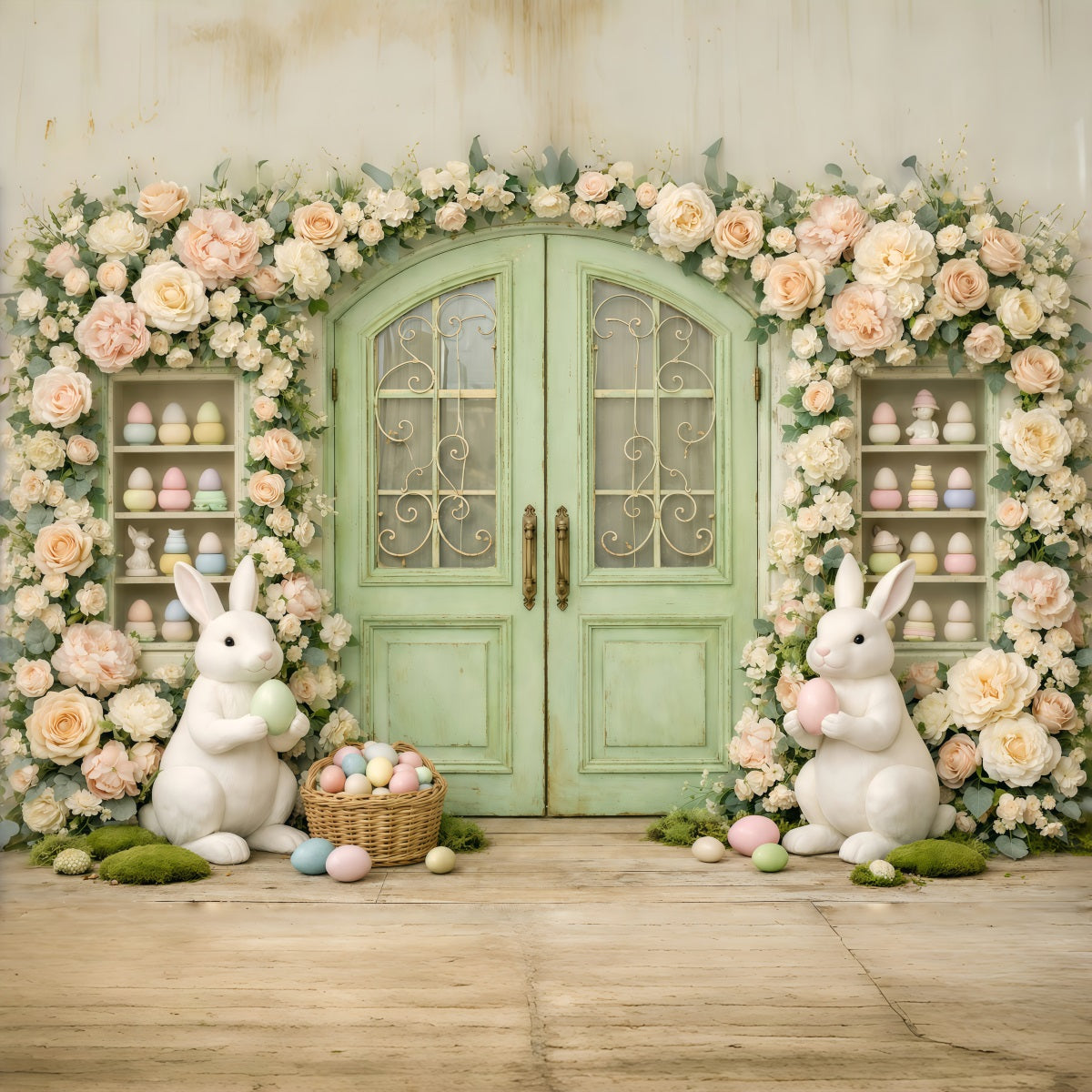Photography Easter Bunny Backdrop Vintage Garden Wreath Doorway Easter Theme Backdrop GQ61-29