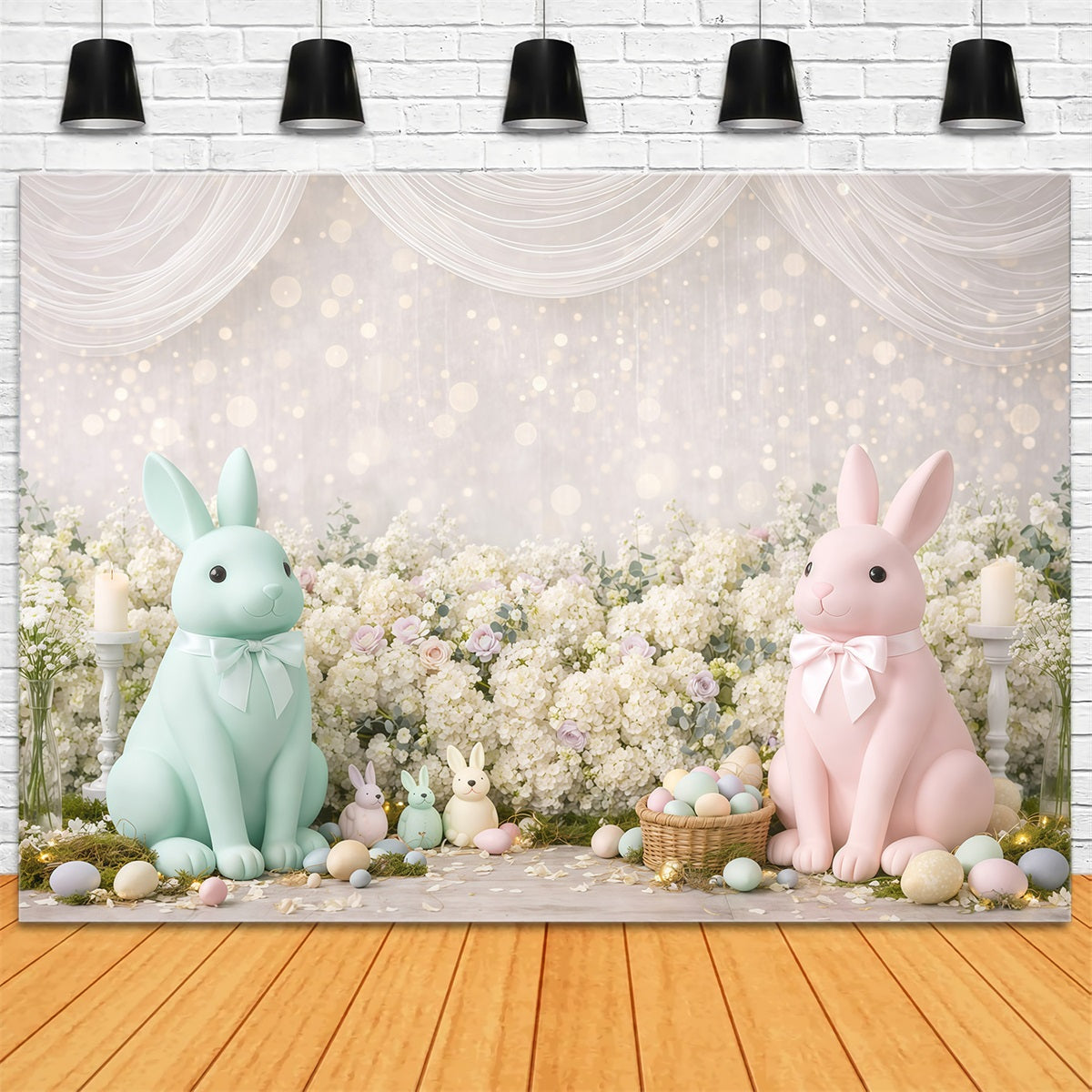 Pastel Easter Backdrop Bunny Flower Bokeh Spots Photography Backdrop Easter GQ61-32