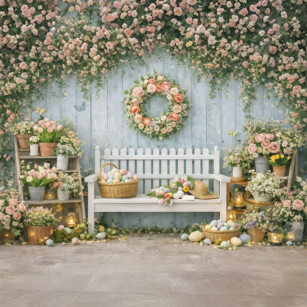 Easter Backdrop With Bench Spring Flower Market Garden Easter Backdrop For Photos GQ61-33