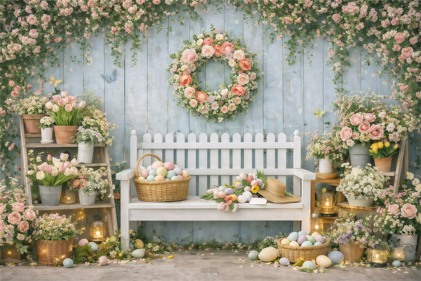 Easter Backdrop With Bench Spring Flower Market Garden Easter Backdrop For Photos GQ61-33