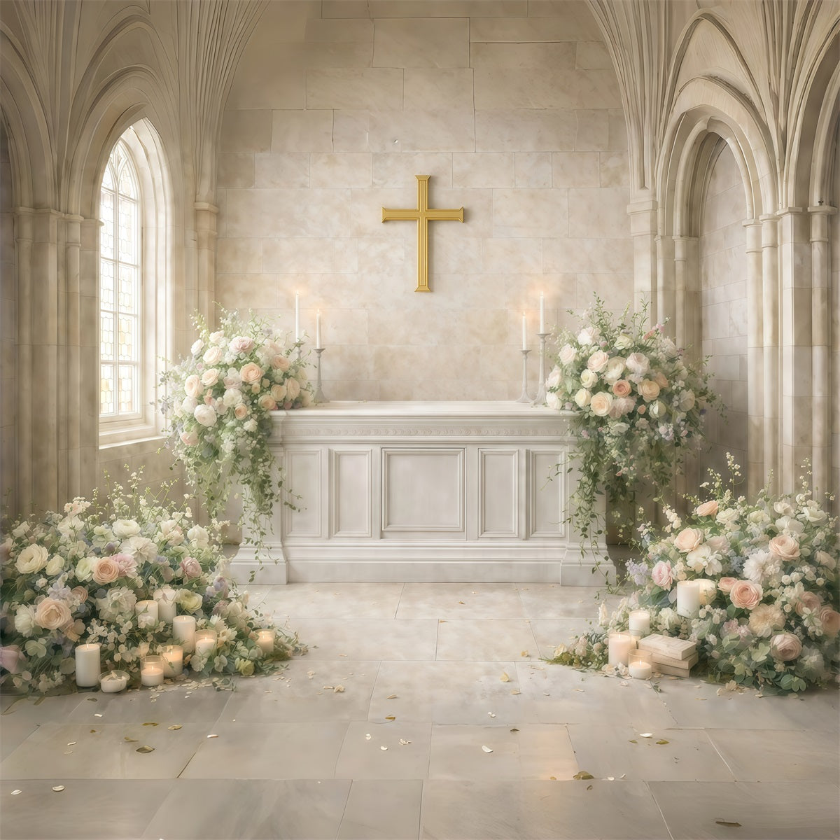 Church Easter Photo Backdrop Sacred Church Cross Flower Backdrop For Easter GQ61-35