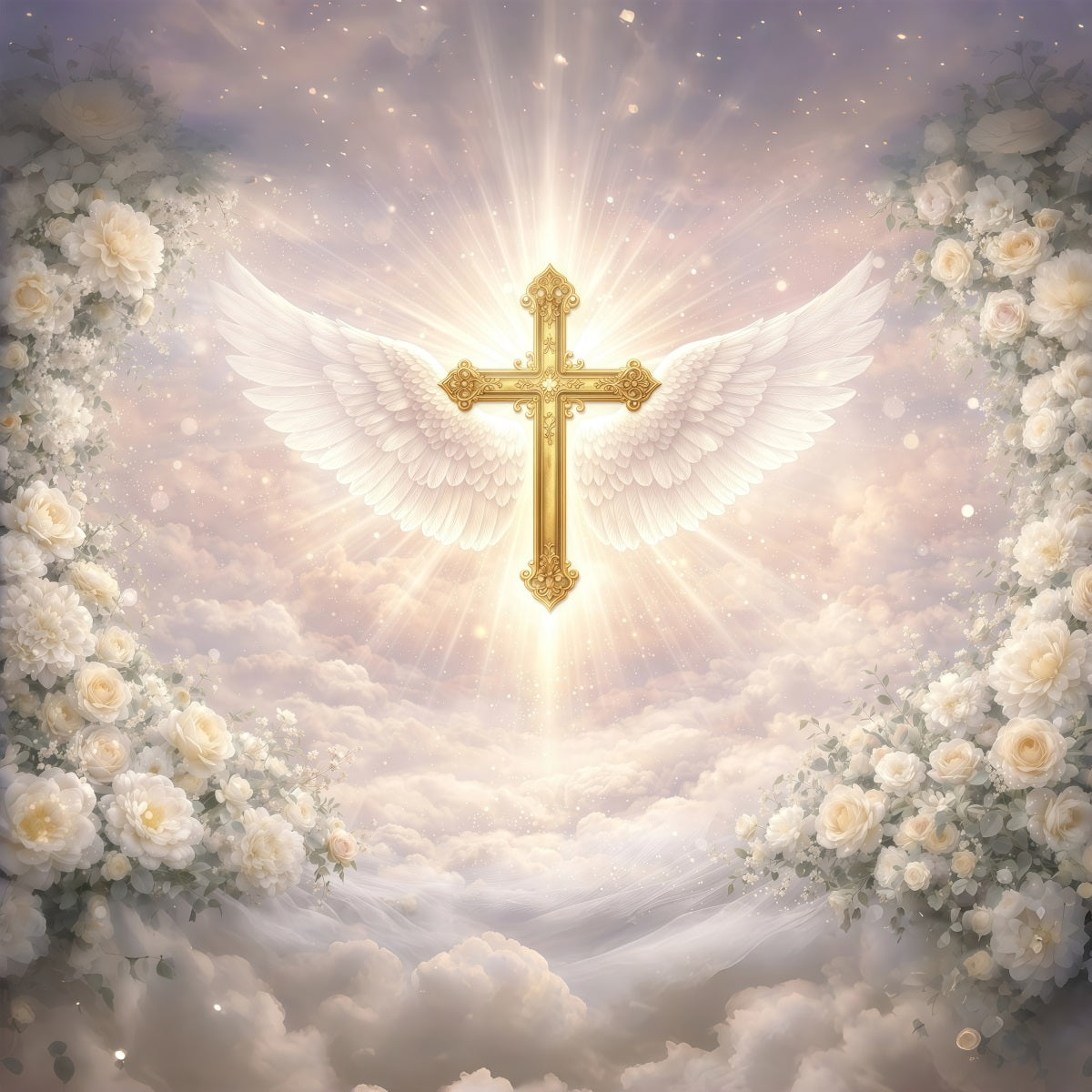 Easter Religious Backdrops Angelic Winged Golden Cross Easter Photoshoot Backdrop GQ61-36