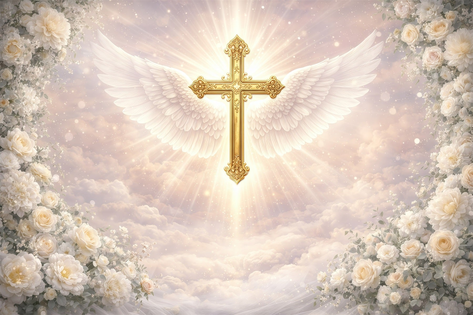 Easter Religious Backdrops Angelic Winged Golden Cross Easter Photoshoot Backdrop GQ61-36