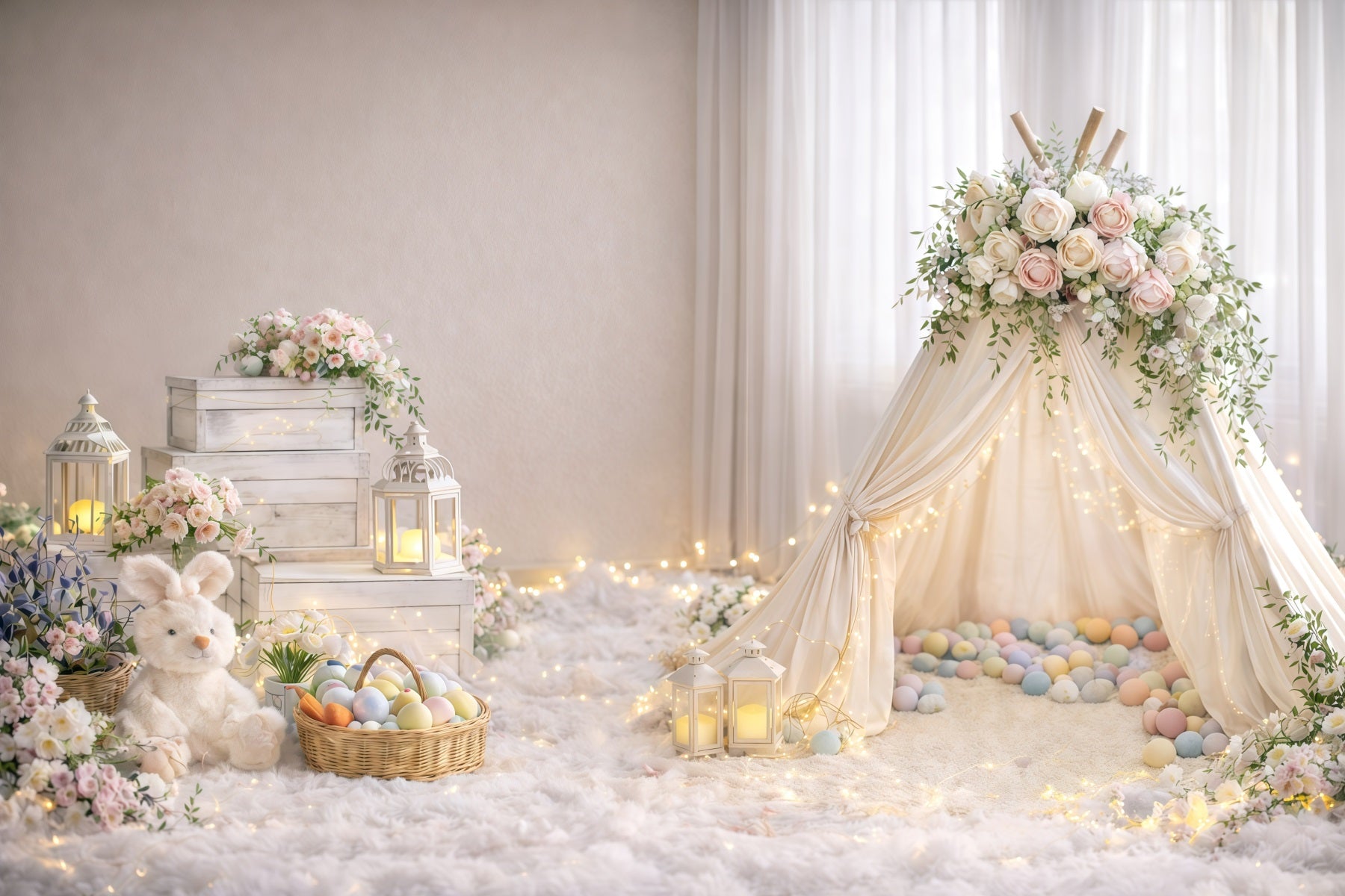 Baby Easter Backdrop Soft Glow Floral Teepee Easter Photography Backdrops For Sale GQ61-39
