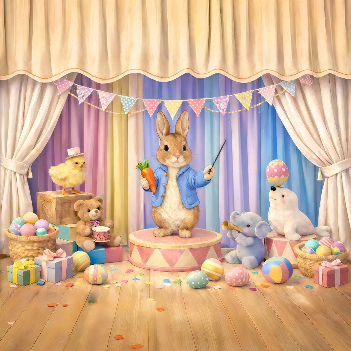 Pastel Easter Backdrop Cartoon Bunny Circus Stage Easter Picture Backdrop Ideas GQ61-42