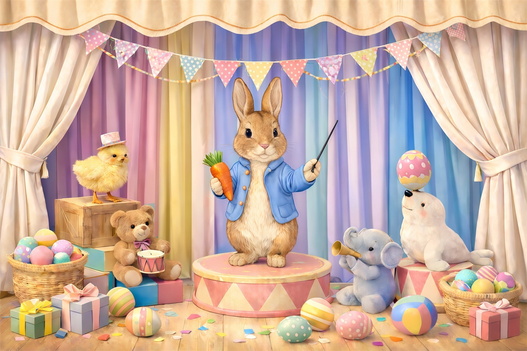 Pastel Easter Backdrop Cartoon Bunny Circus Stage Easter Picture Backdrop Ideas GQ61-42