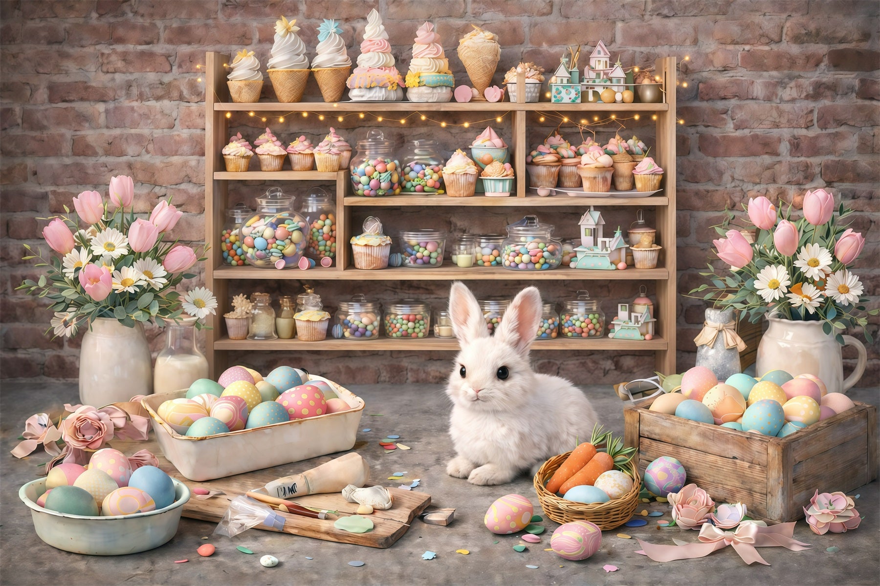 Easter Wall Backdrop Rustic Bunny Dessert Workshop Easter Photography Backdrops For Sale GQ61-43