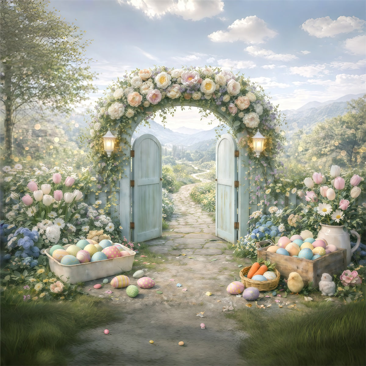 Easter Flower Backdrop Spring Garden Arch Entrance Egg Photo Backdrop Easter GQ61-44