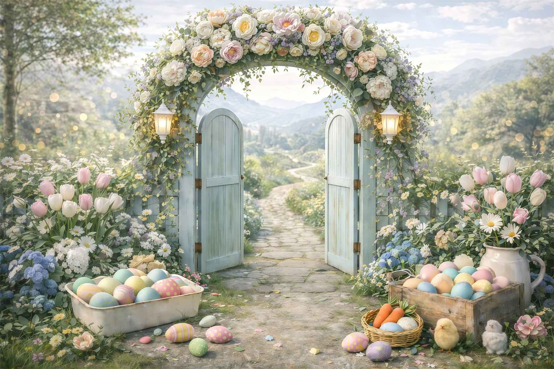 Easter Flower Backdrop Spring Garden Arch Entrance Egg Photo Backdrop Easter GQ61-44
