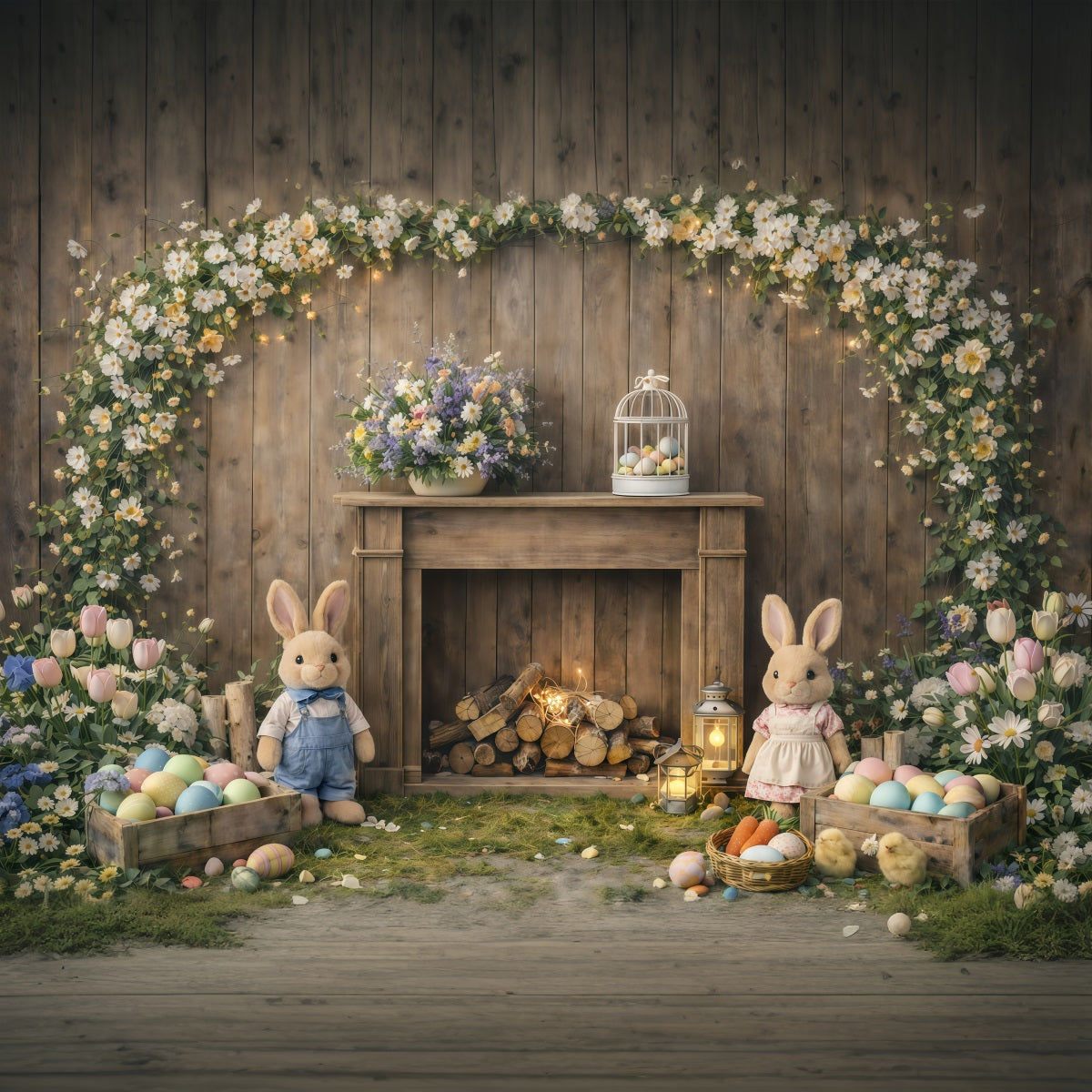 Peter Rabbit Backdrop Rustic Mantel Bunny Flowers Easter Backdrop For Photography GQ61-45