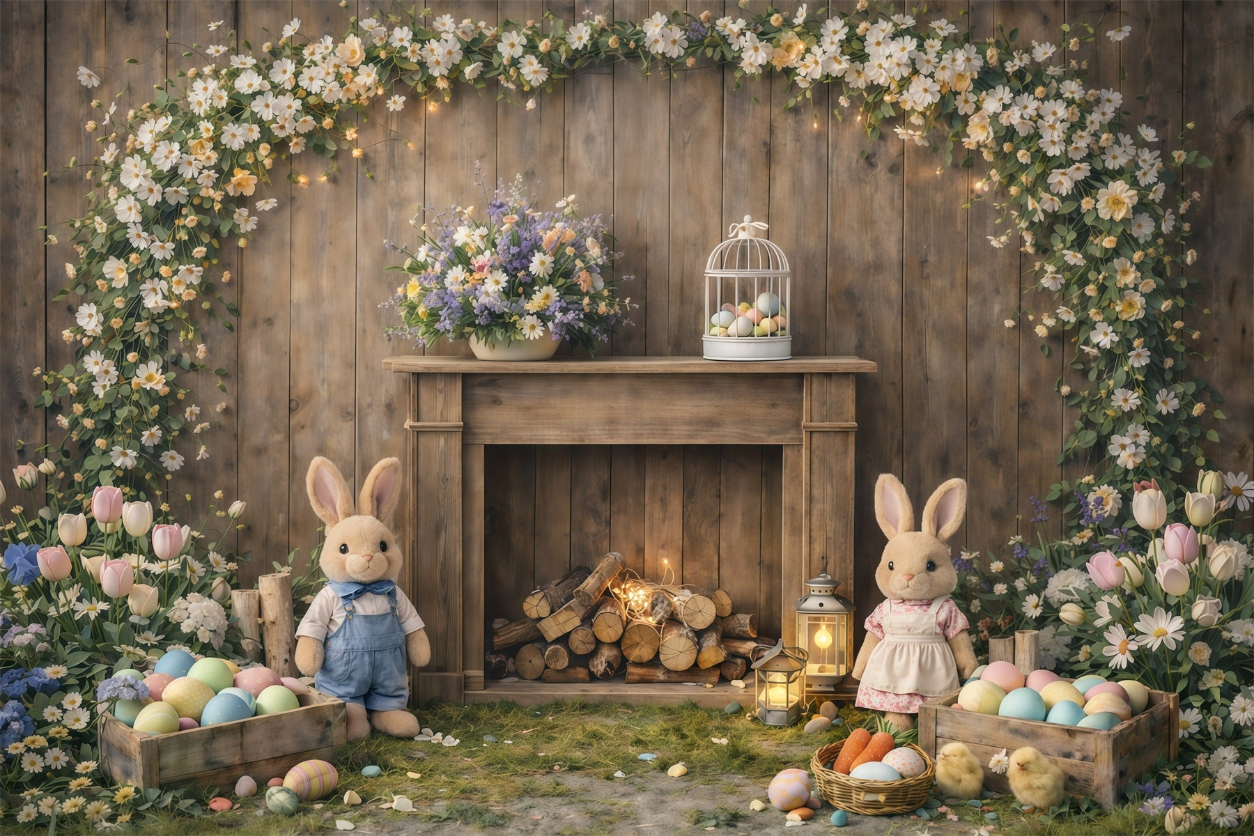 Peter Rabbit Backdrop Rustic Mantel Bunny Flowers Easter Backdrop For Photography GQ61-45
