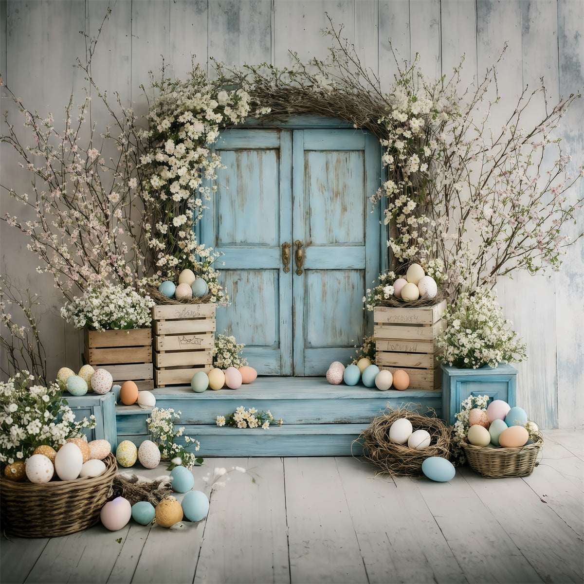 Easter Flower Backdrop Vintage Blue Door Blossoms Backdrops For Easter Pictures GQ61-46