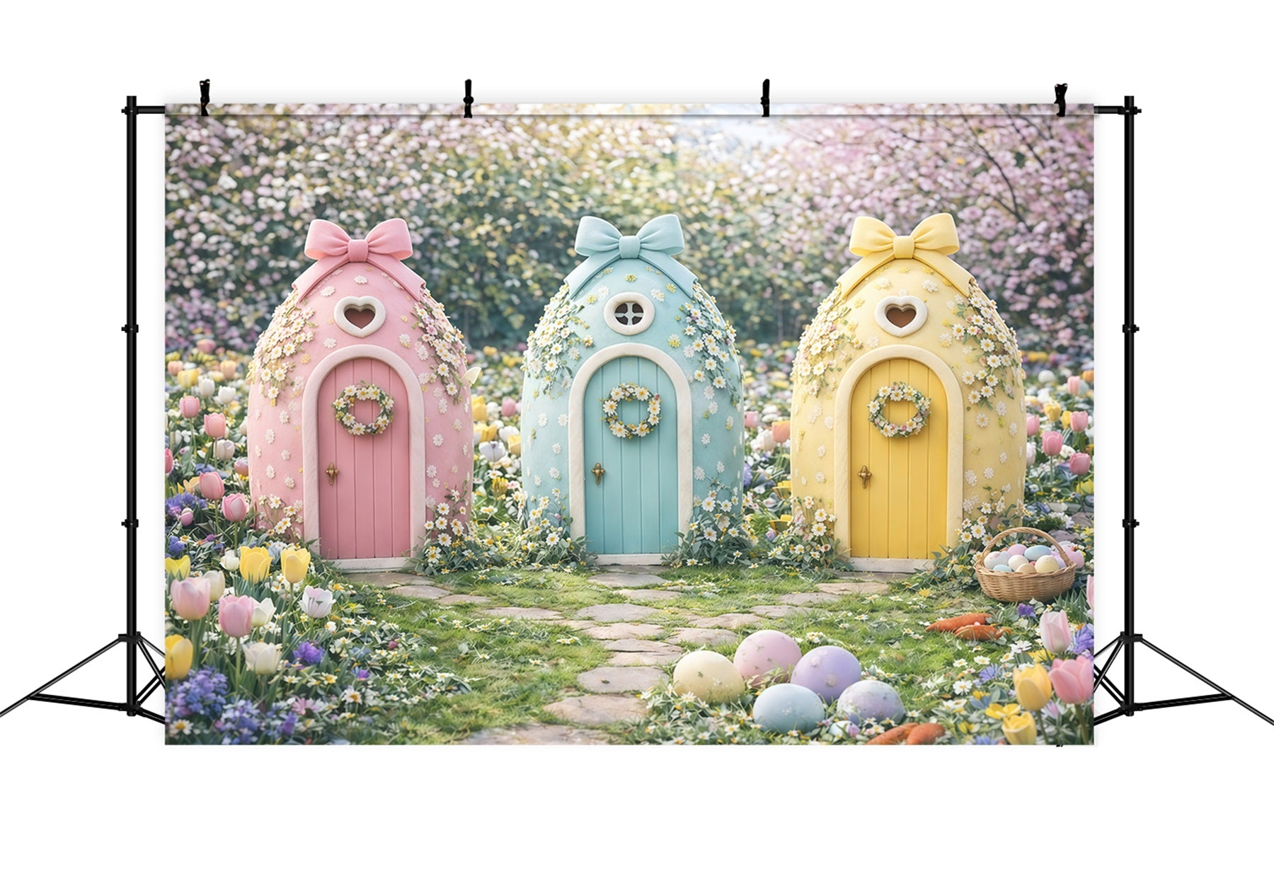 Easter Spring Backdrops Pastel Fairy Cottage Trio Outdoor Easter Backdrop GQ61-47