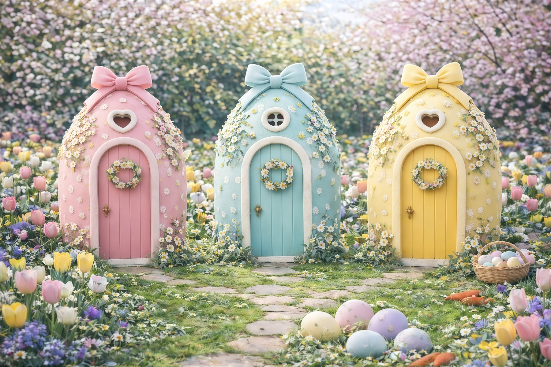 Easter Spring Backdrops Pastel Fairy Cottage Trio Outdoor Easter Backdrop GQ61-47