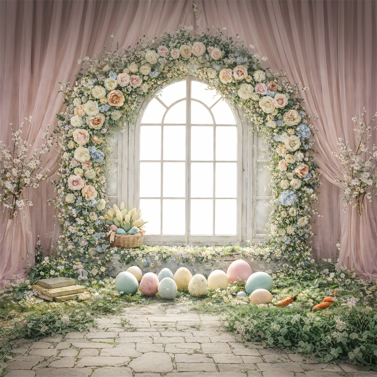 Easter Egg Photoshoot Backdrop Floral Arch Window Light Backdrop For Easter GQ61-49