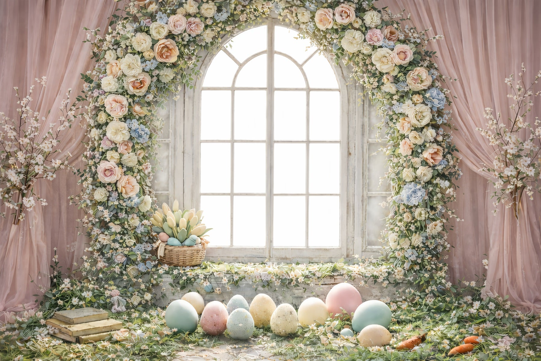 Easter Egg Photoshoot Backdrop Floral Arch Window Light Backdrop For Easter GQ61-49