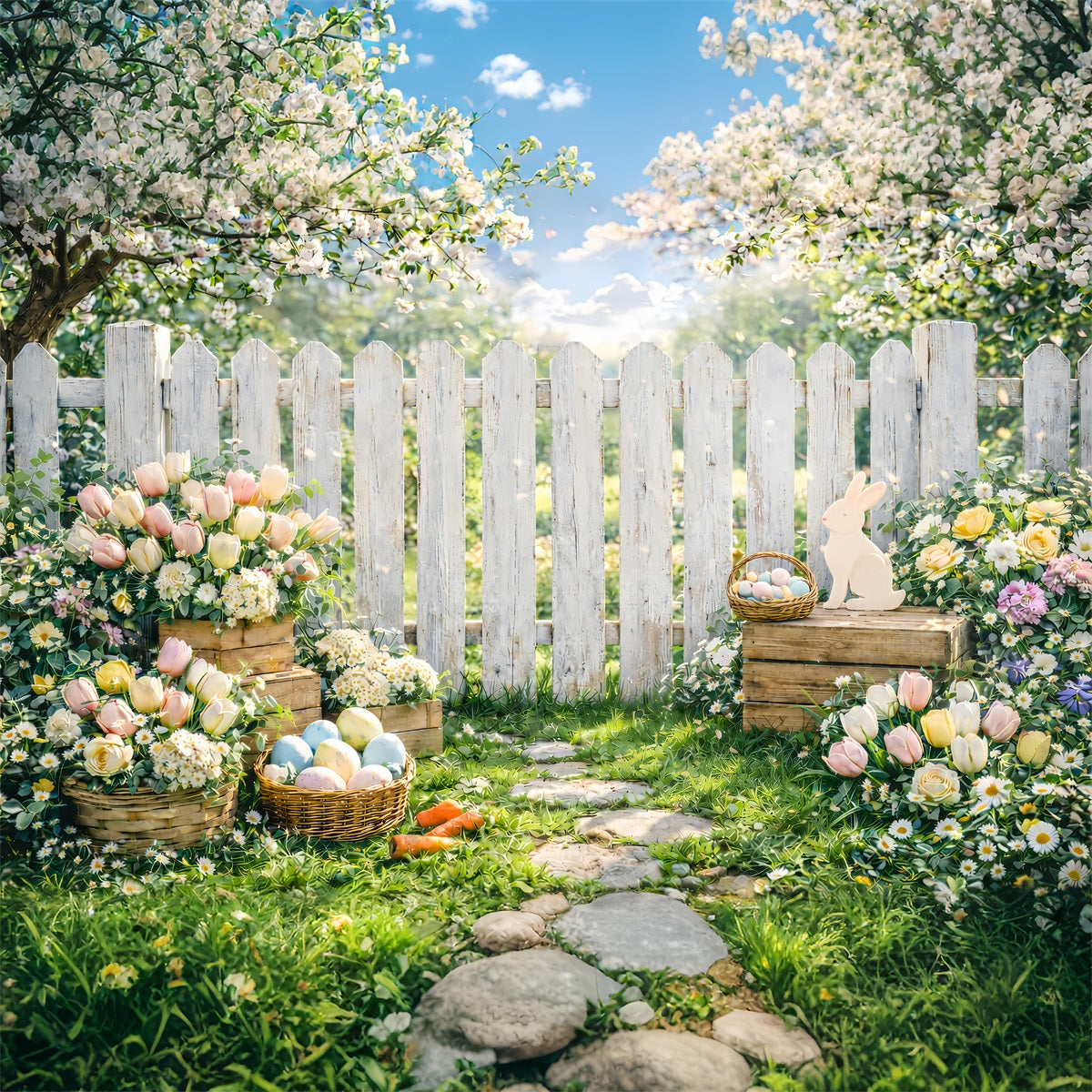 Easter Spring Backdrop Garden Picket Fence Cherry Blossom Easter Backdrop Photo GQ61-50