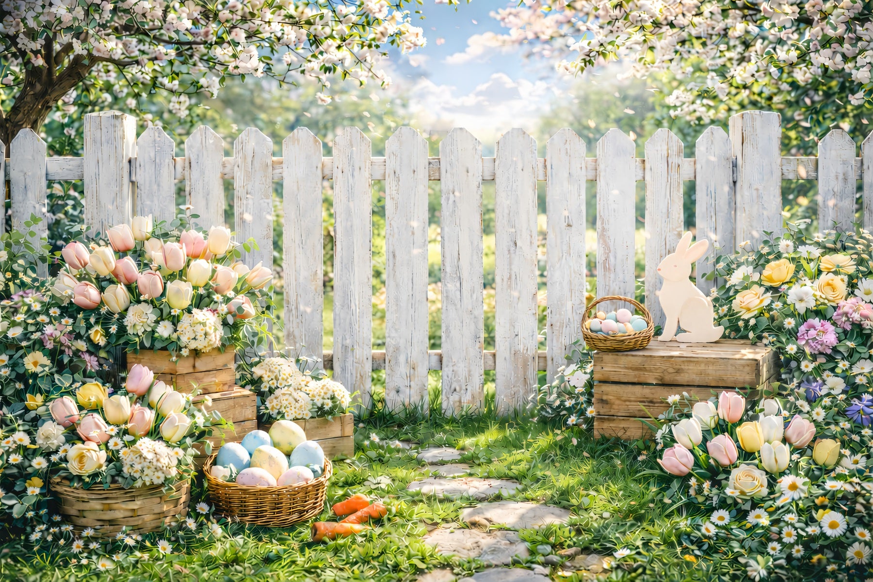 Easter Spring Backdrop Garden Picket Fence Cherry Blossom Easter Backdrop Photo GQ61-50