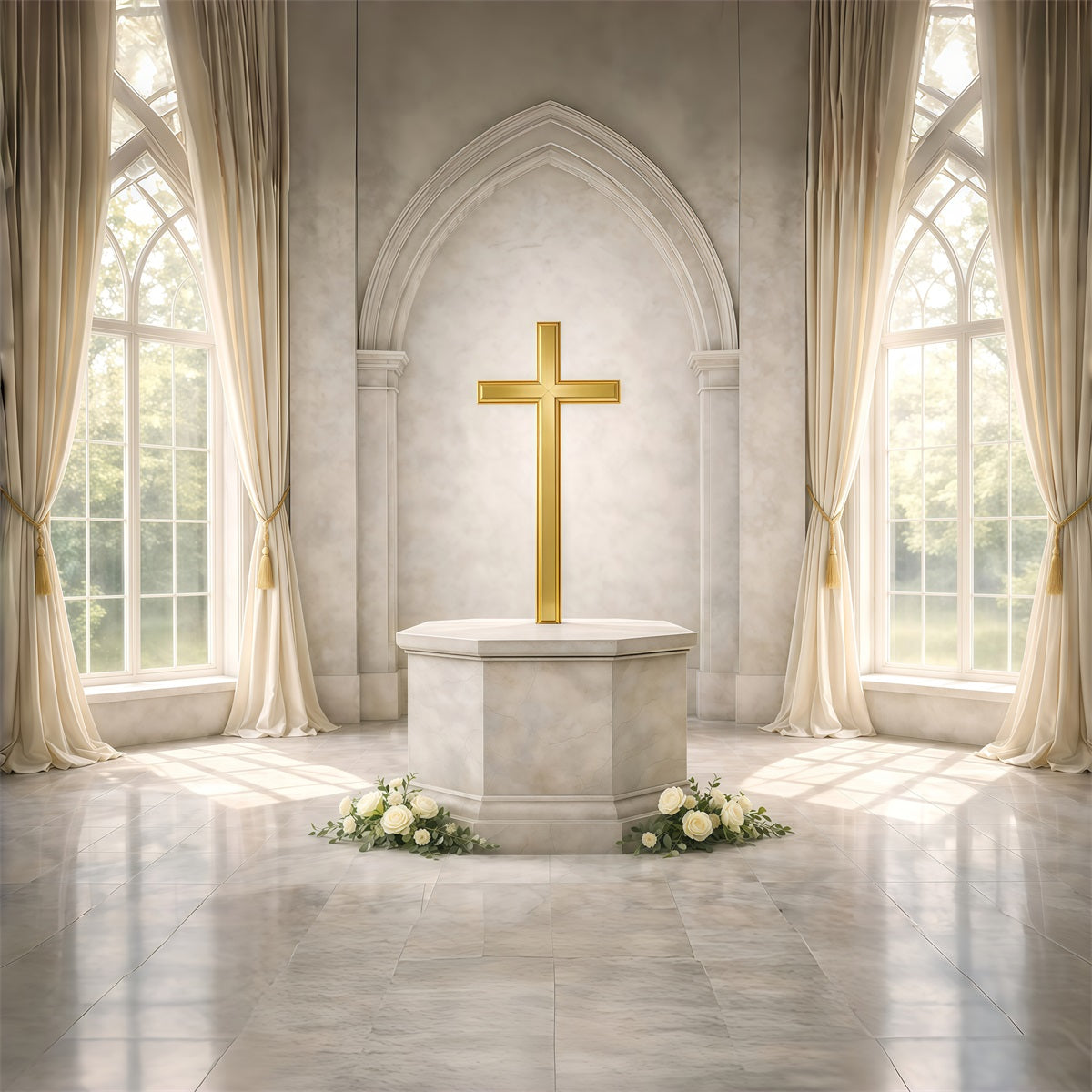 Easter Church Backdrop Golden Cross Window Light Easter Backdrop 10x10 GQ61-52