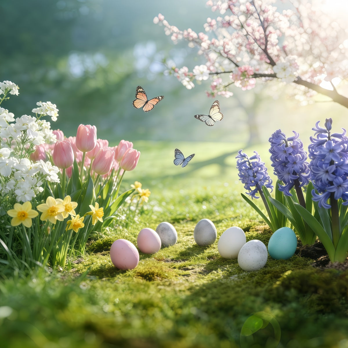 Easter Natural Backdrop Photography Spring Meadow Butterflies Eggs Easter Backdrops GQ61-53