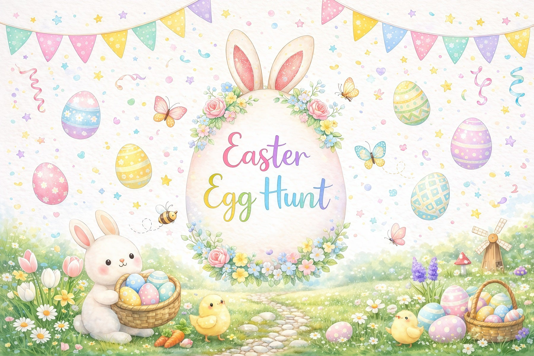 Easter Egg Hunt Backdrop Watercolor Garden Bunny Chicks Easter Themed Backdrops GQ61-54