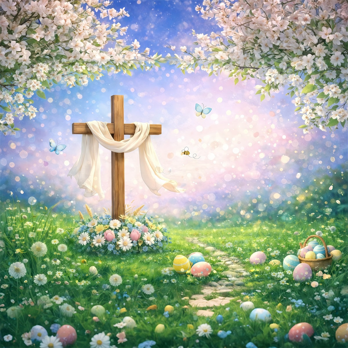 Easter Religious Backdrop Wooden Cross Spring Meadow Bokeh Easter Backdrops Ideas GQ61-55