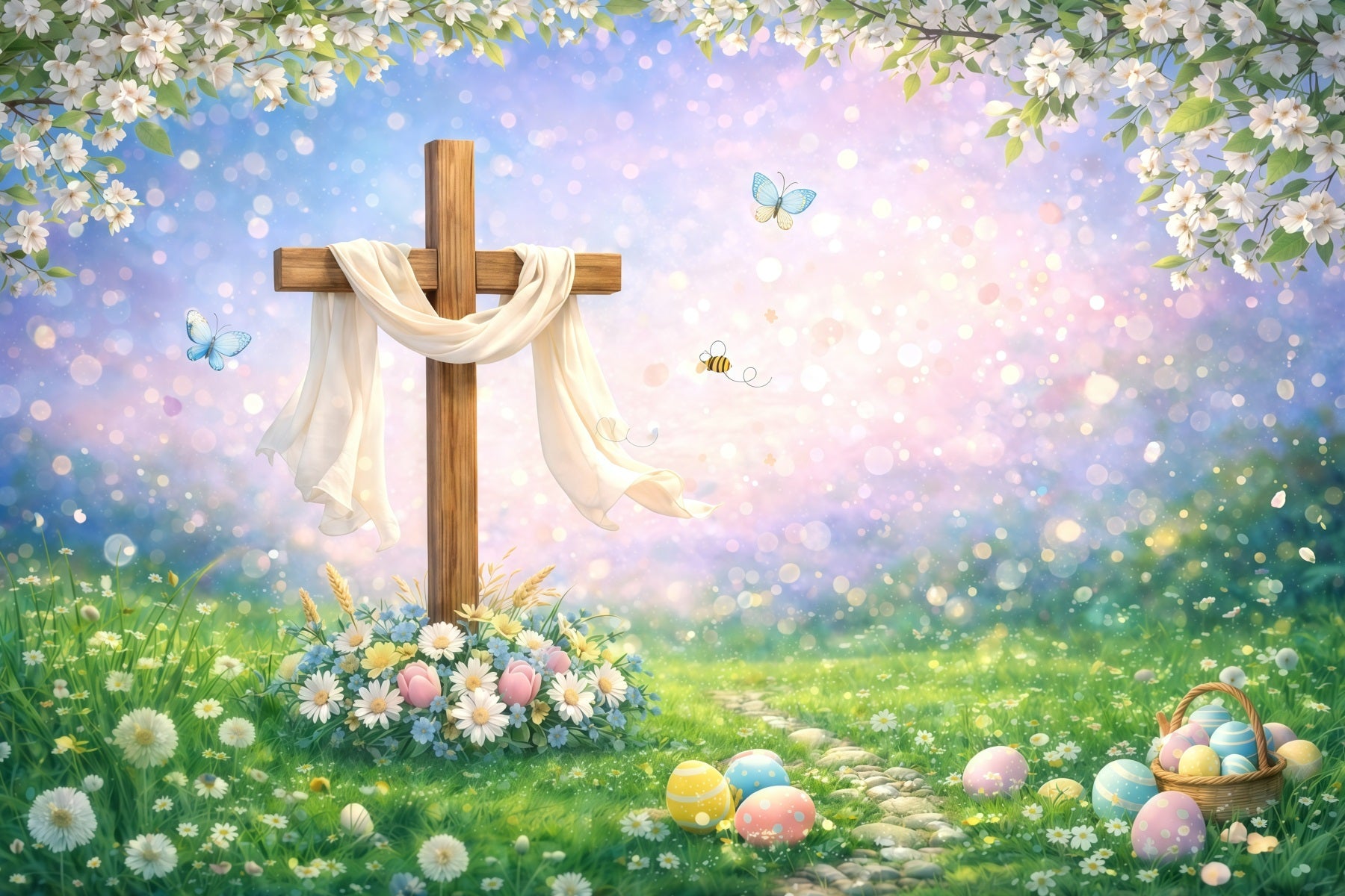 Easter Religious Backdrop Wooden Cross Spring Meadow Bokeh Easter Backdrops Ideas GQ61-55