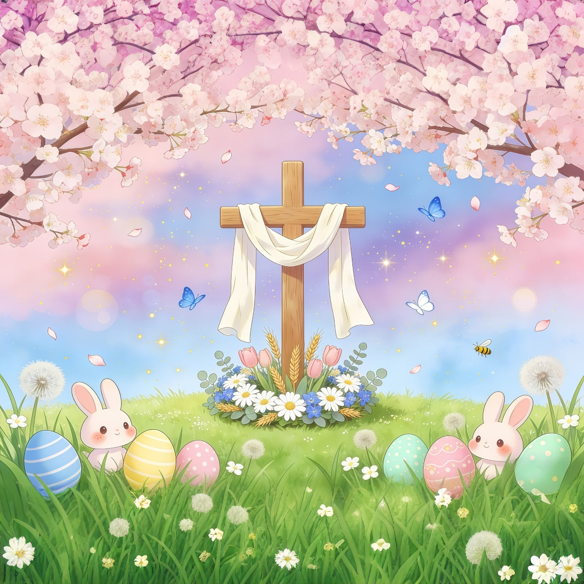 Easter Religious Backdrop Cross Bunny Egg Pastel Sky Easter Backdrops Ideas GQ61-56