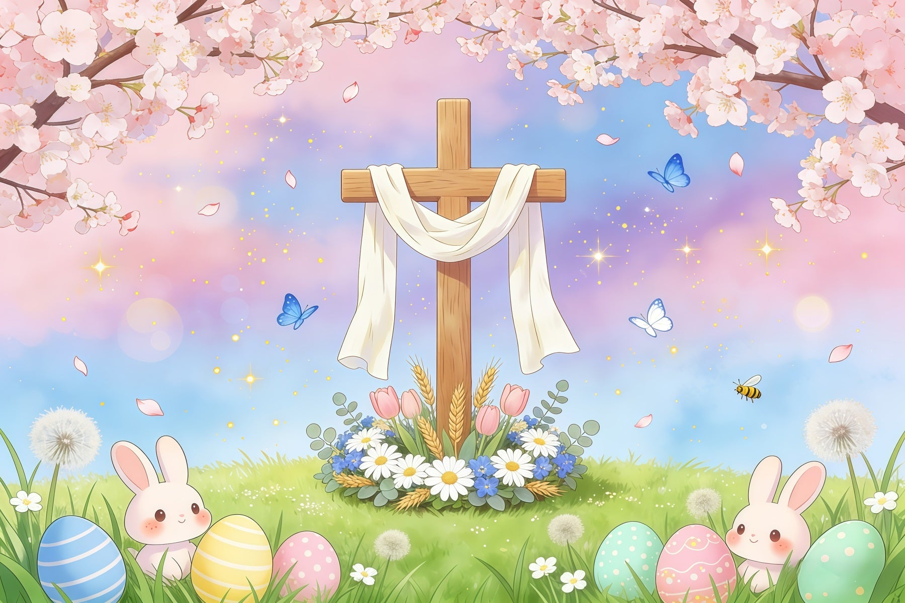 Easter Religious Backdrop Cross Bunny Egg Pastel Sky Easter Backdrops Ideas GQ61-56