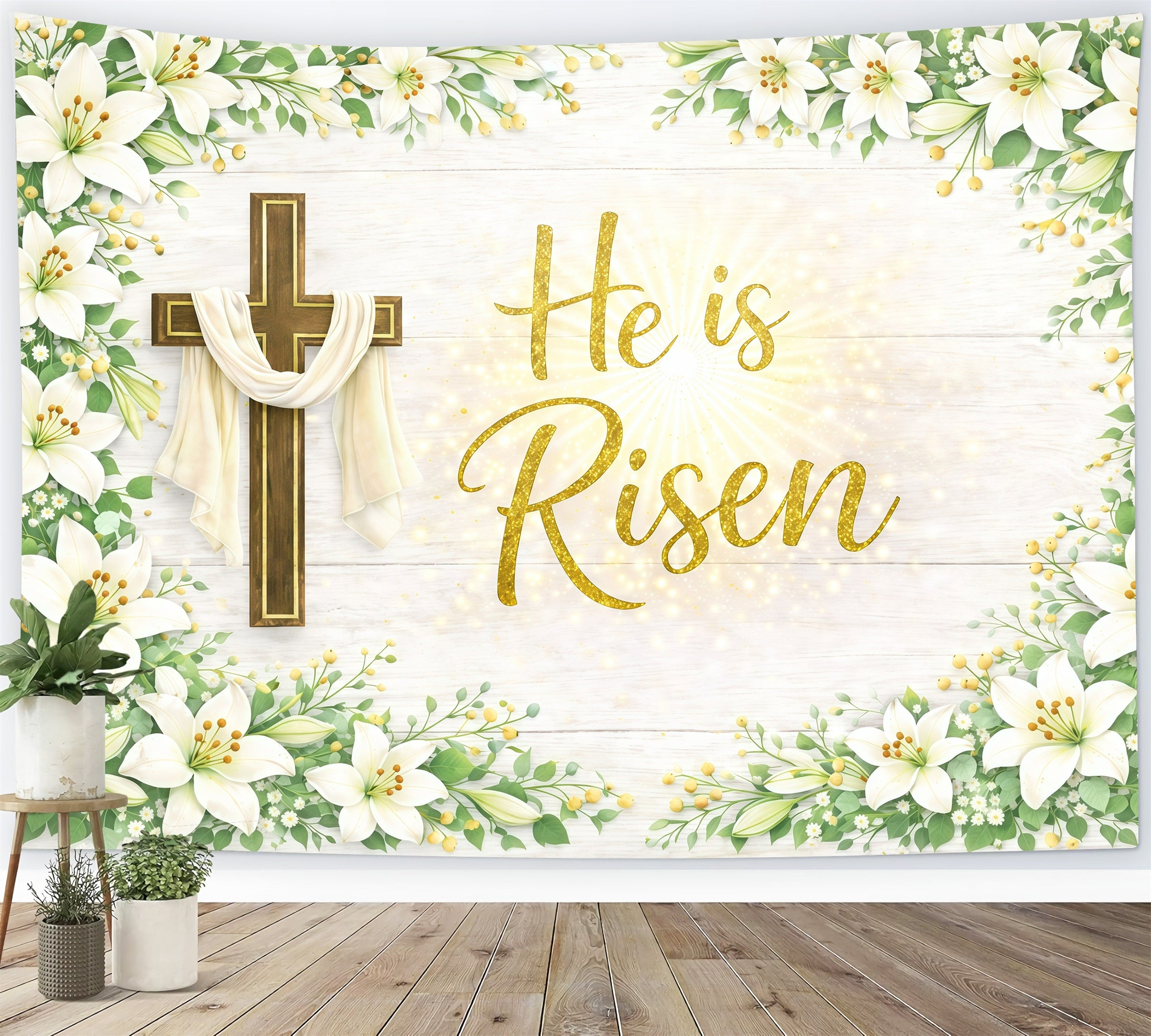 Easter Sunday Backdrop He Is Risen Corss Lily Photo Shoot Easter Backdrop GQ61-57