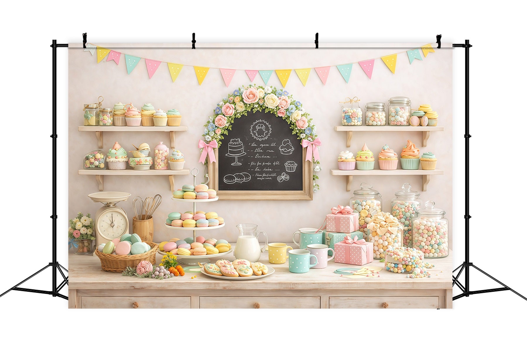 Easter Dessert Table Backdrop Pastel Macaron Cupcake Candy Outdoor Easter Backdrops GQ61-59