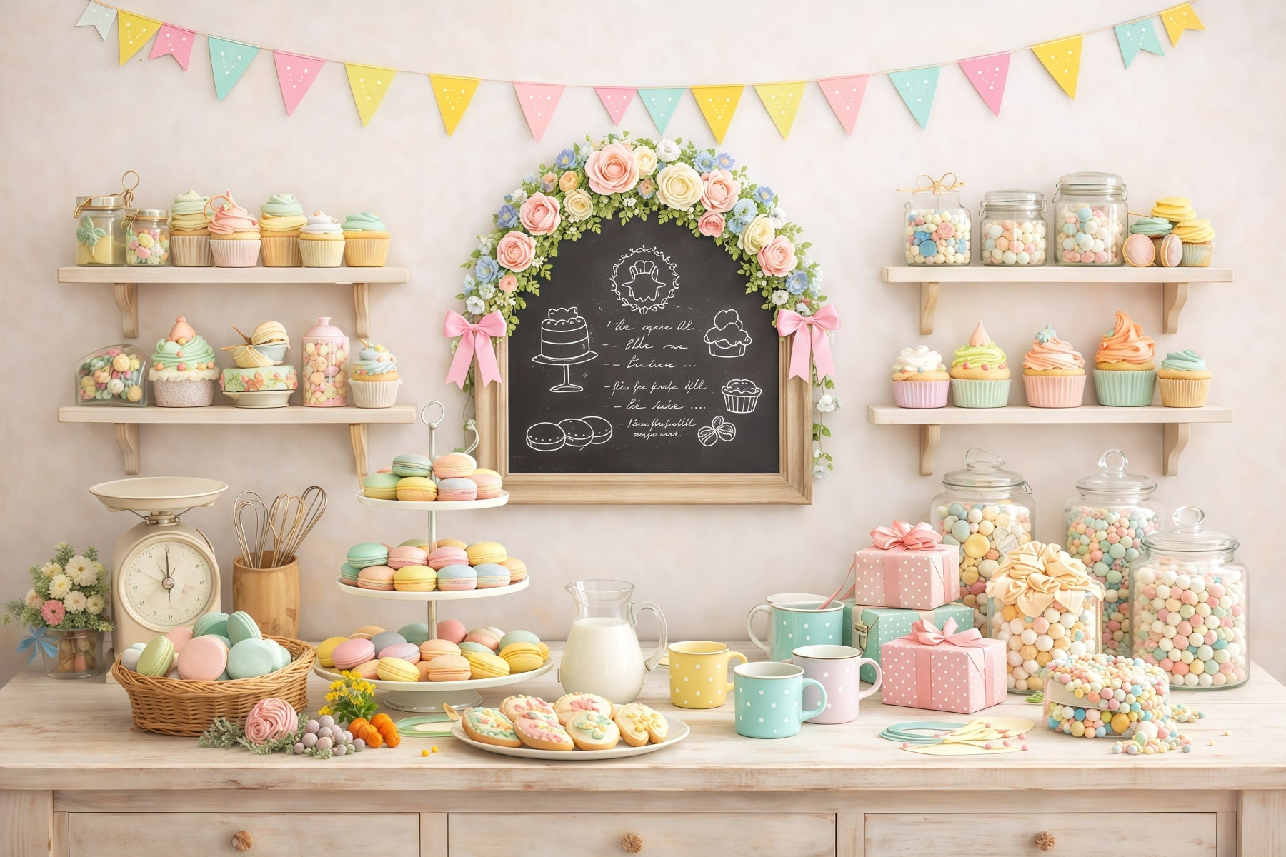 Easter Dessert Table Backdrop Pastel Macaron Cupcake Candy Outdoor Easter Backdrops GQ61-59