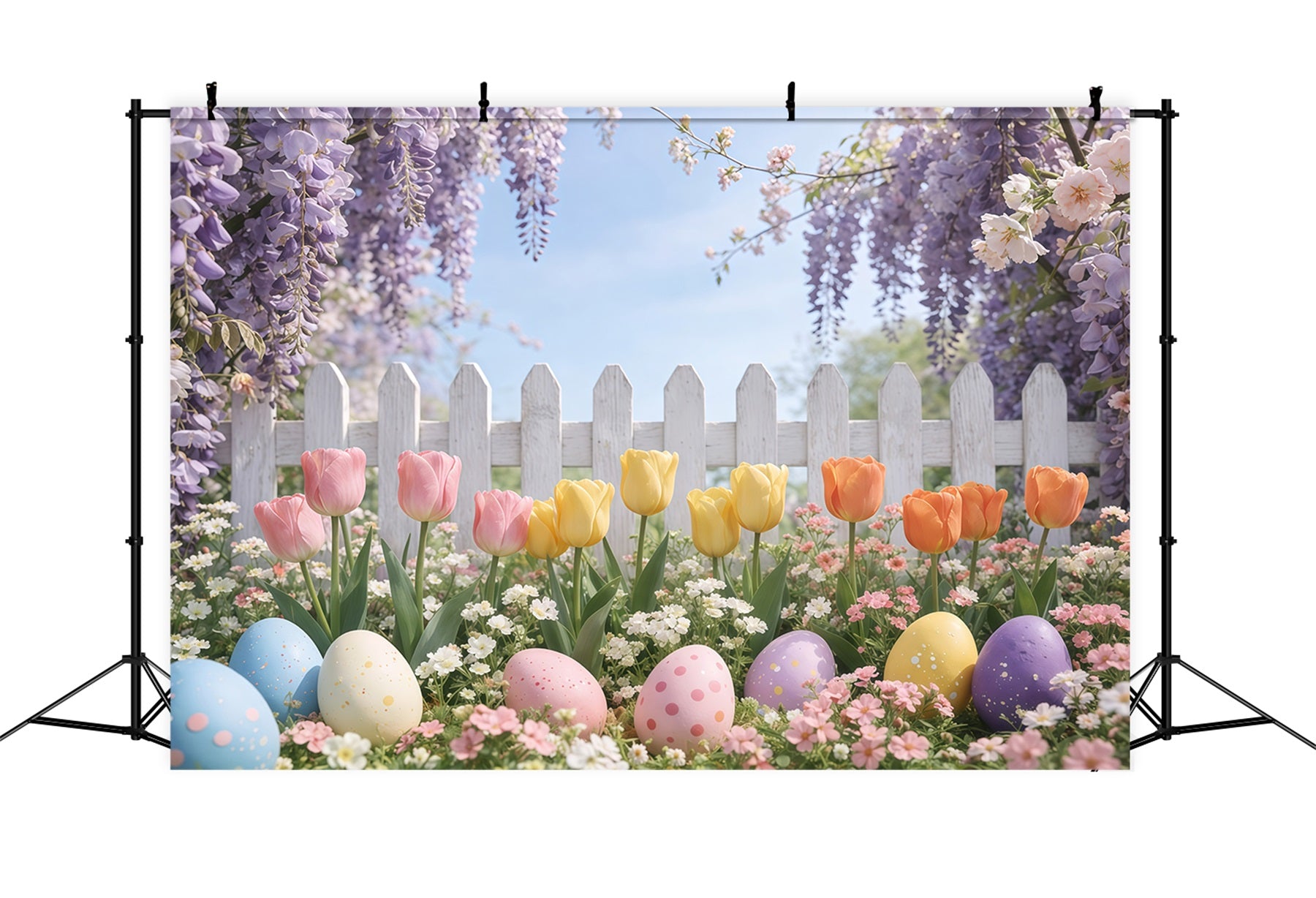 Easter Picket Fence Backdrop Lavender Tulip Garden Egg Easter Pictures Backdrop GQ61-60