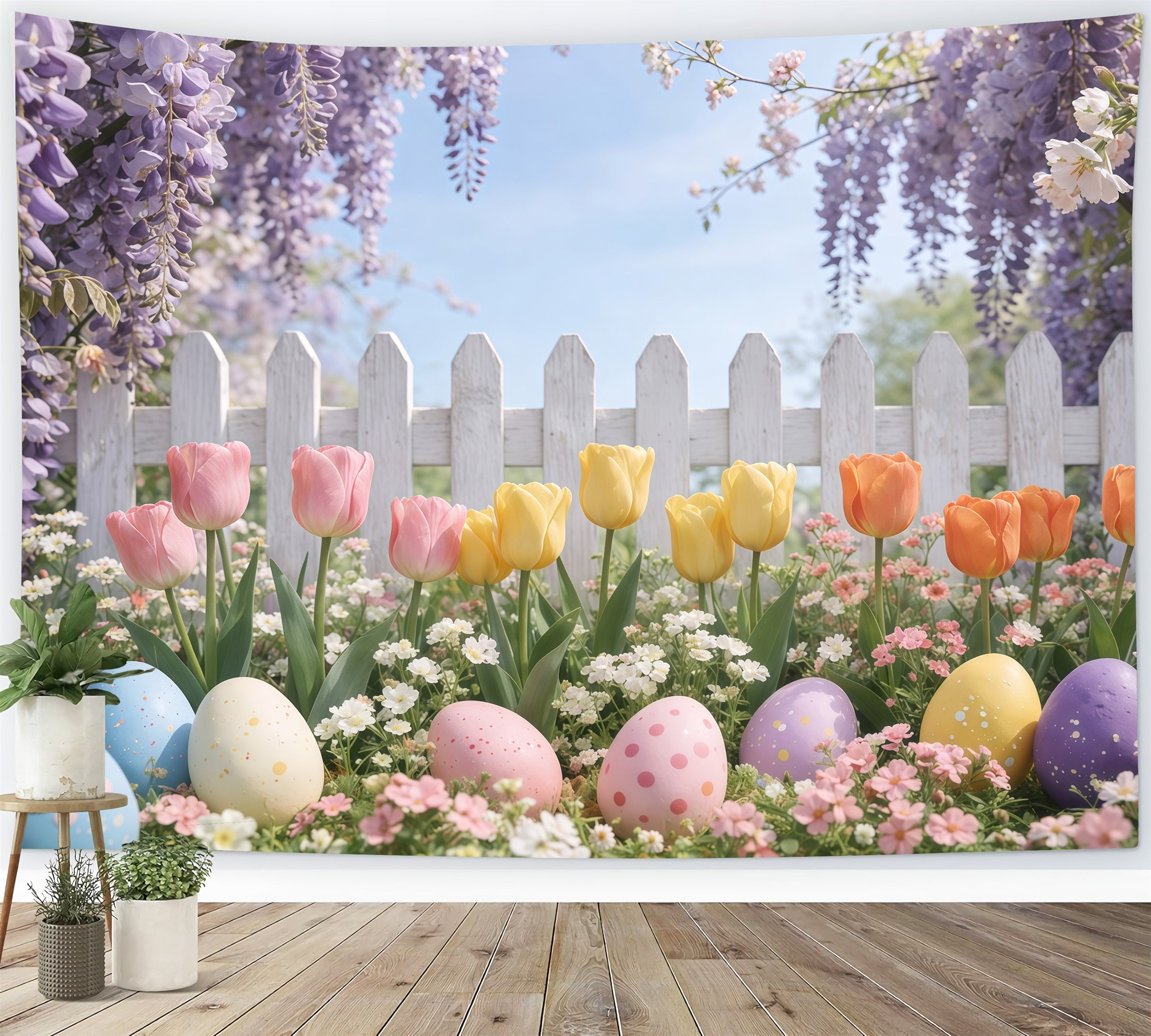 Easter Picket Fence Backdrop Lavender Tulip Garden Egg Easter Pictures Backdrop GQ61-60
