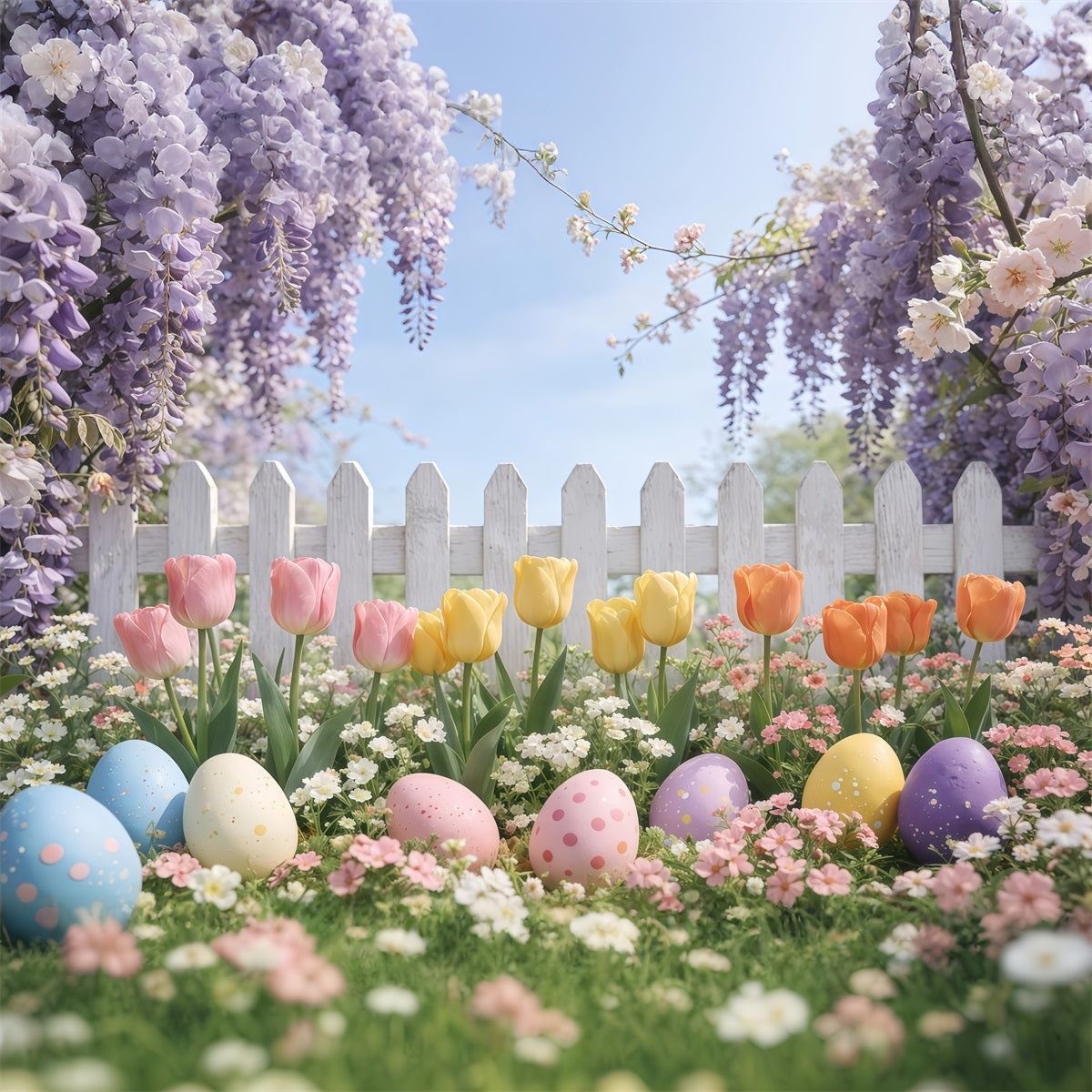 Easter Picket Fence Backdrop Lavender Tulip Garden Egg Easter Pictures Backdrop GQ61-60