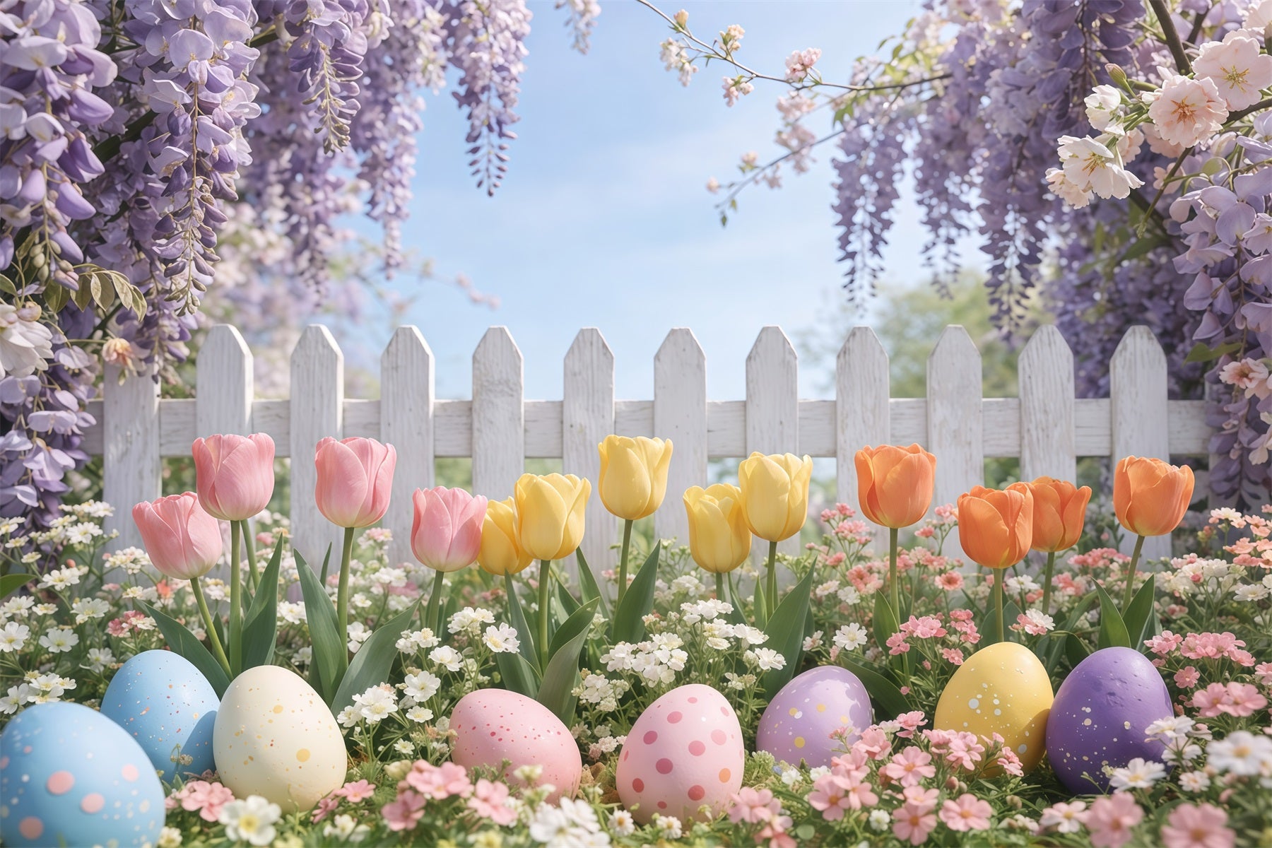 Easter Picket Fence Backdrop Lavender Tulip Garden Egg Easter Pictures Backdrop GQ61-60