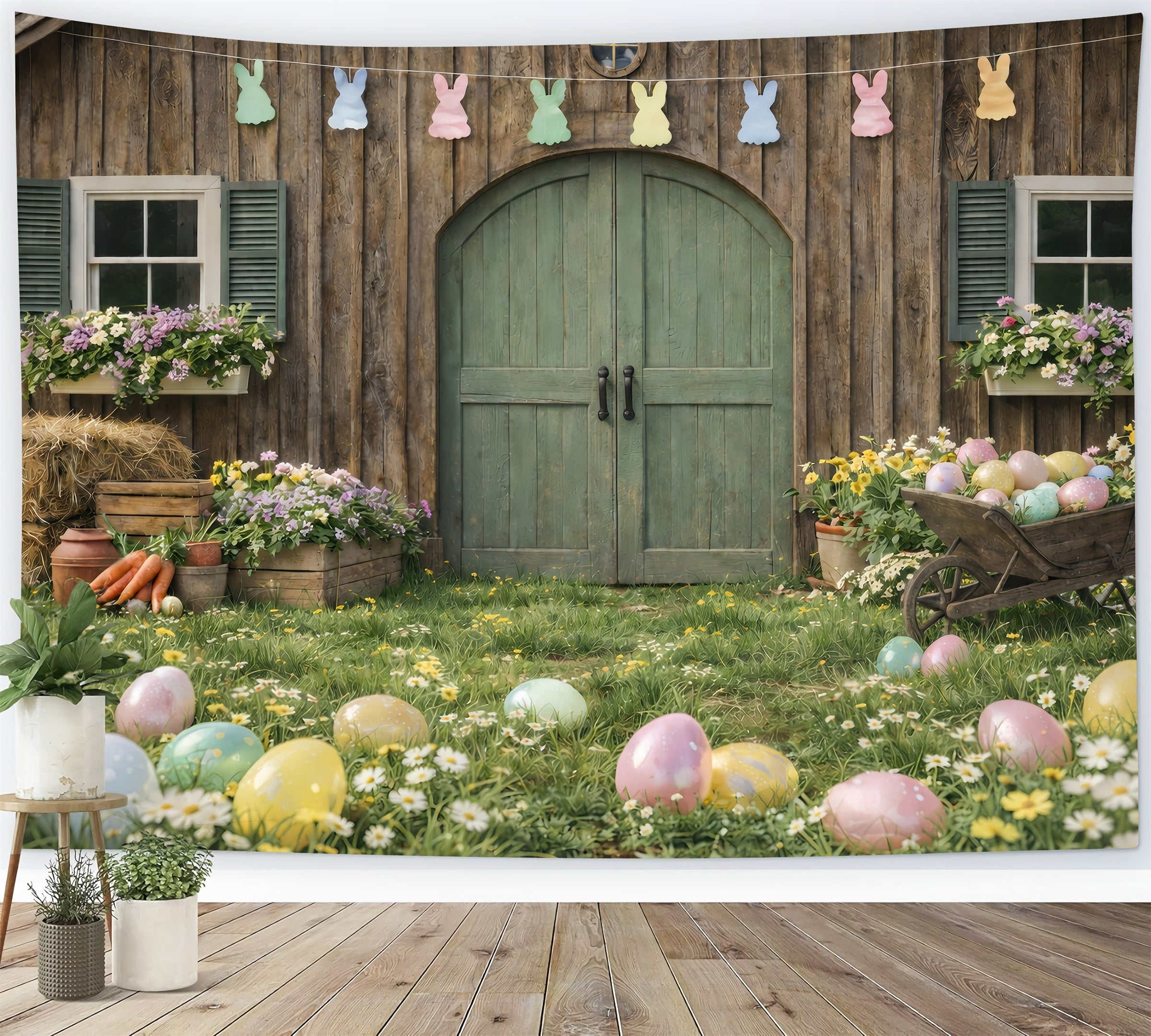 Easter Farm Barn Backdrop Carrot Bundle Daisies Egg Outdoor Easter Backdrop Ideas GQ61-62