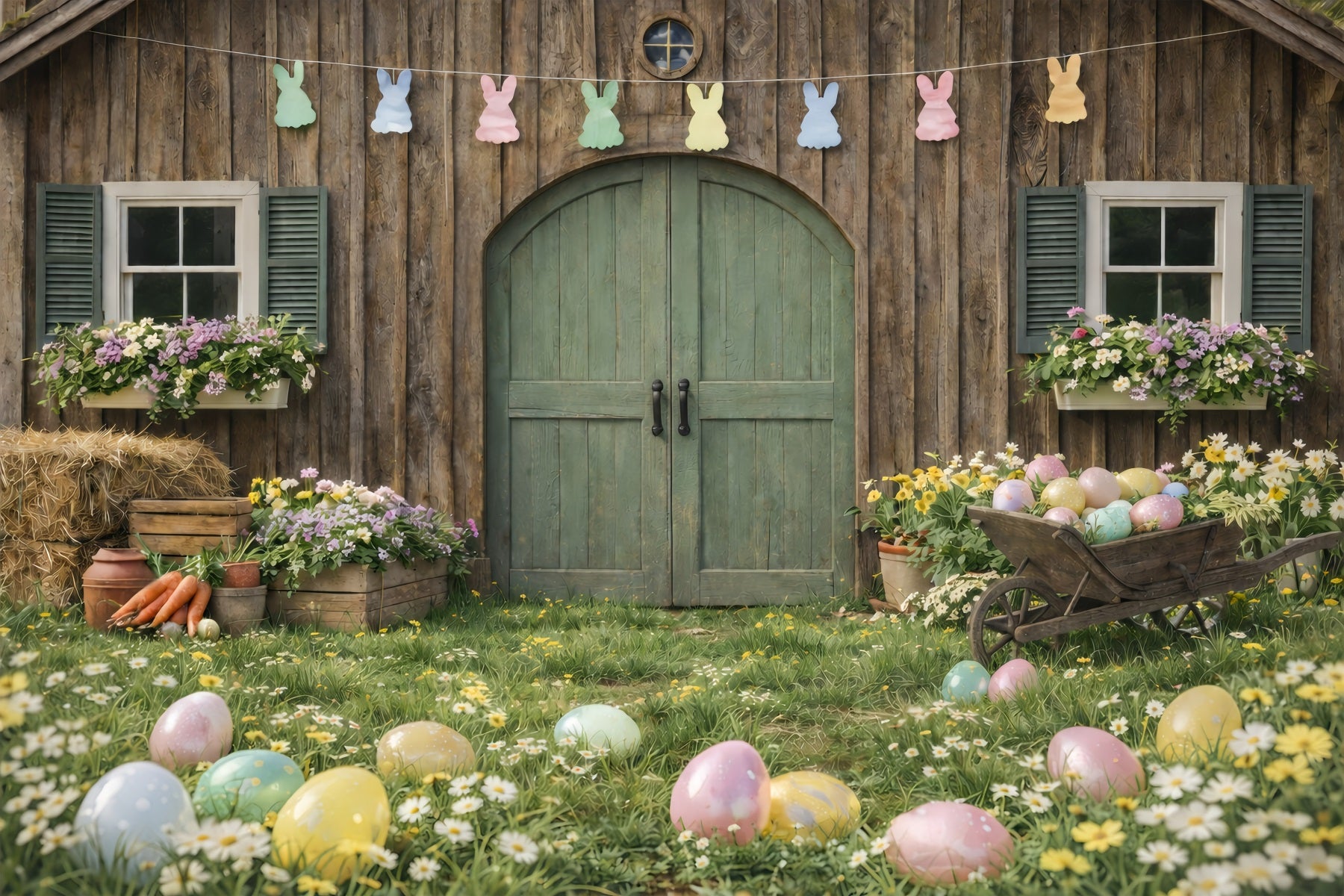 Easter Farm Barn Backdrop Carrot Bundle Daisies Egg Outdoor Easter Backdrop Ideas GQ61-62