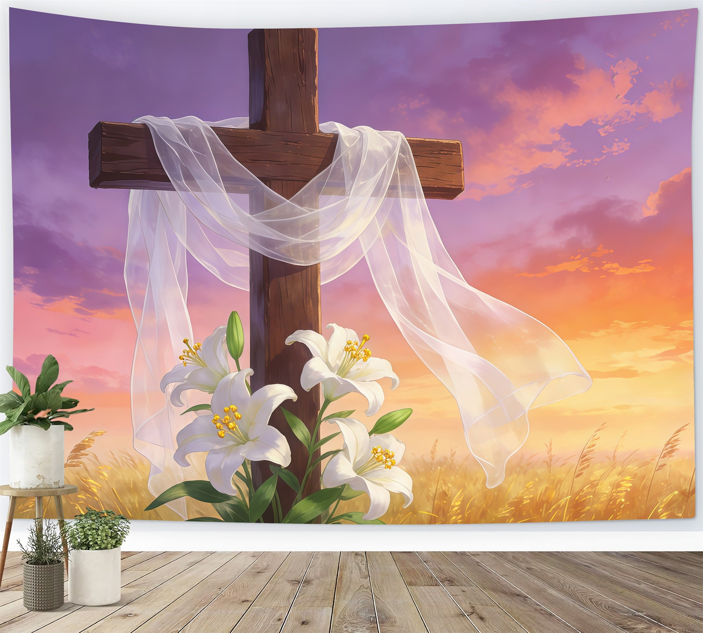 Easter Cross And Lilies Backdrop Resurrection Cross Golden Sky Happy Easter Backdrops GQ61-63