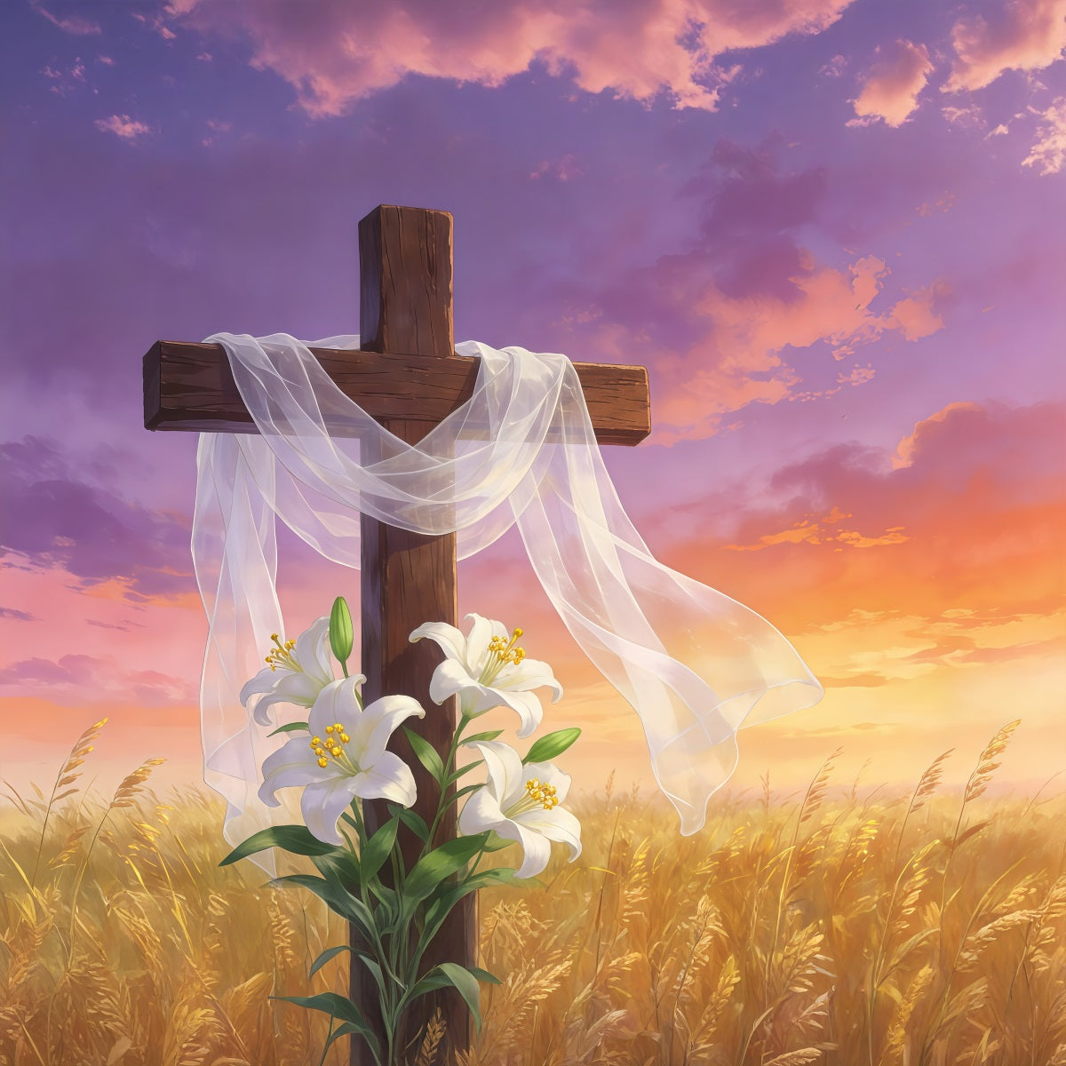 Easter Cross And Lilies Backdrop Resurrection Cross Golden Sky Happy Easter Backdrops GQ61-63