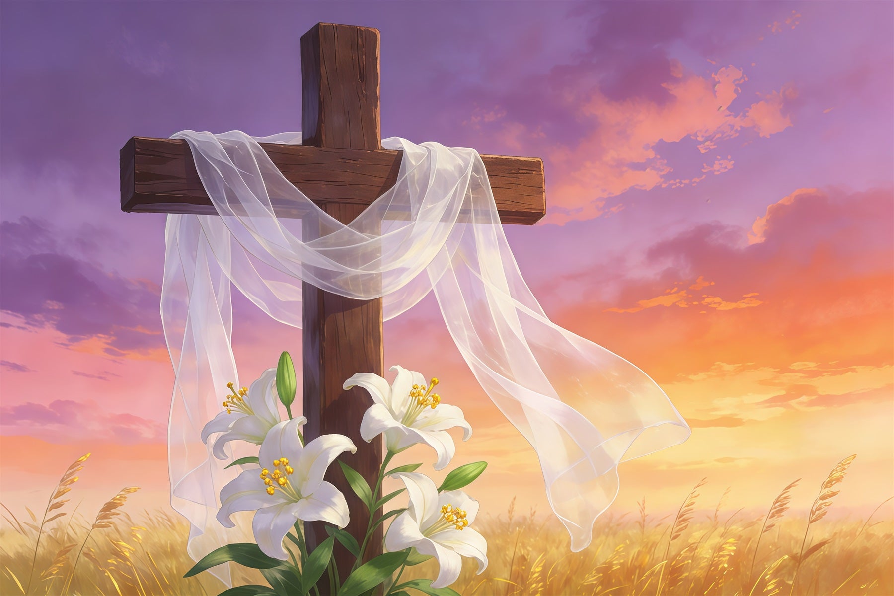 Easter Cross And Lilies Backdrop Resurrection Cross Golden Sky Happy Easter Backdrops GQ61-63