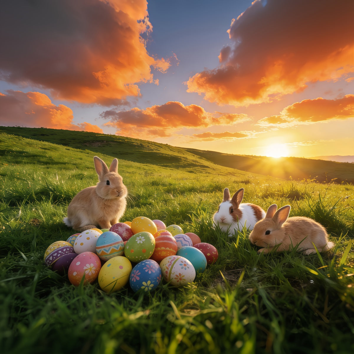 Easter Sunrise Field Backdrop Bunny Gathering Egg Meadow Easter 2026 Backdrop GQ61-64