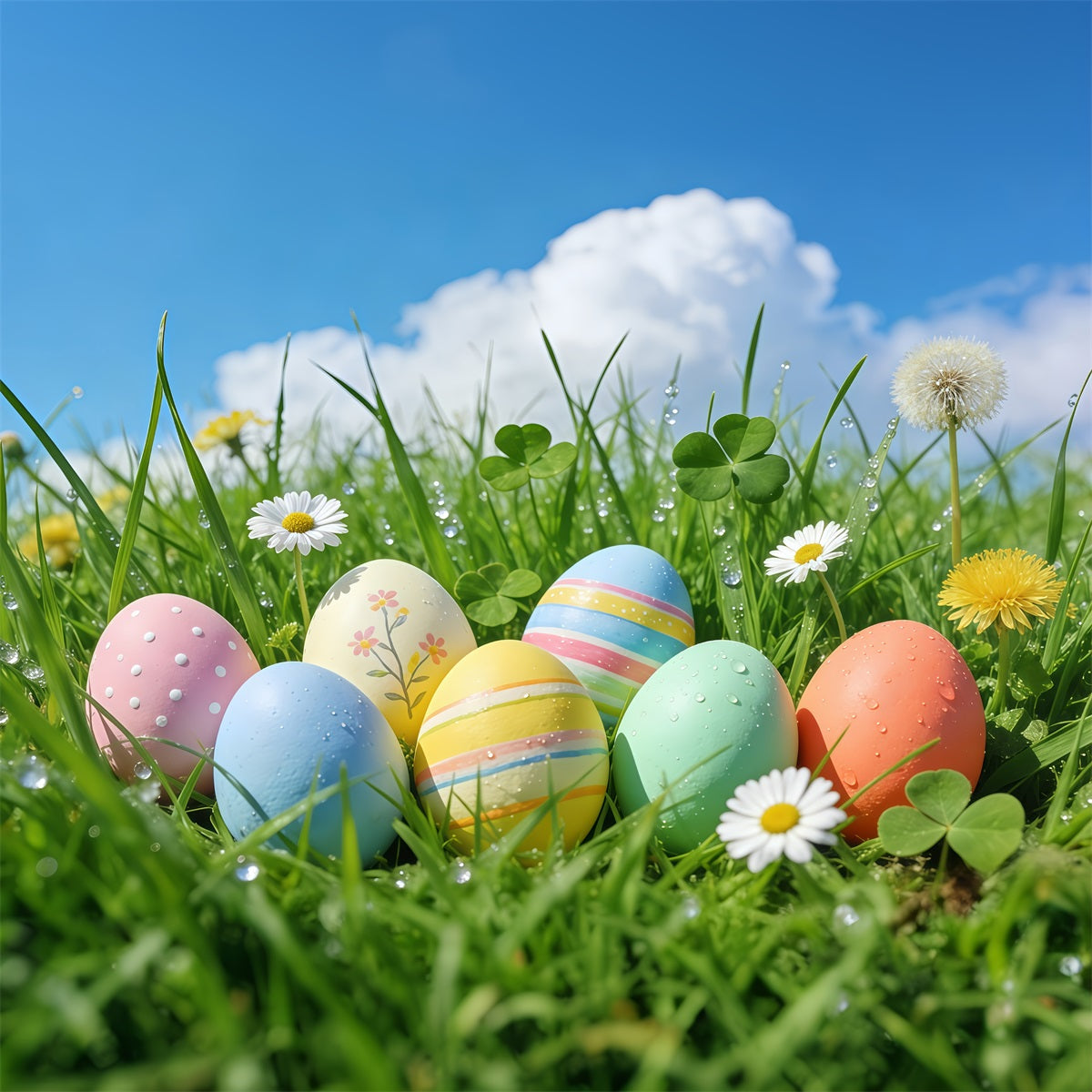 Easter Blue Sky Backdrop Spring Grass Pastel Eggs Photo Booth Easter Backdrop Ideas GQ61-65