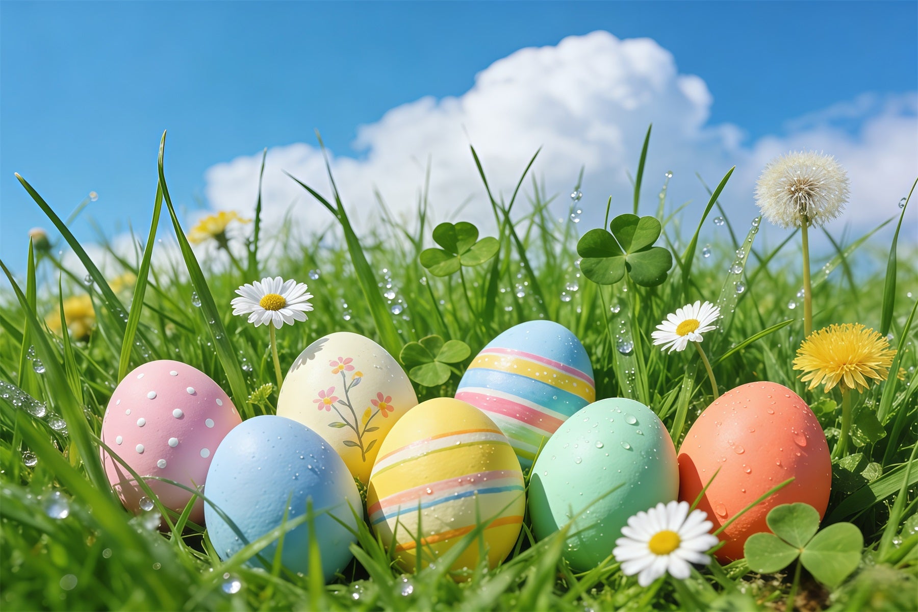 Easter Blue Sky Backdrop Spring Grass Pastel Eggs Photo Booth Easter Backdrop Ideas GQ61-65